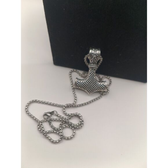 Viking Necklace Thor Hammer Celtic Pendant Nordic Amulet Silvertone 22" Chain - Picture 4 of 6